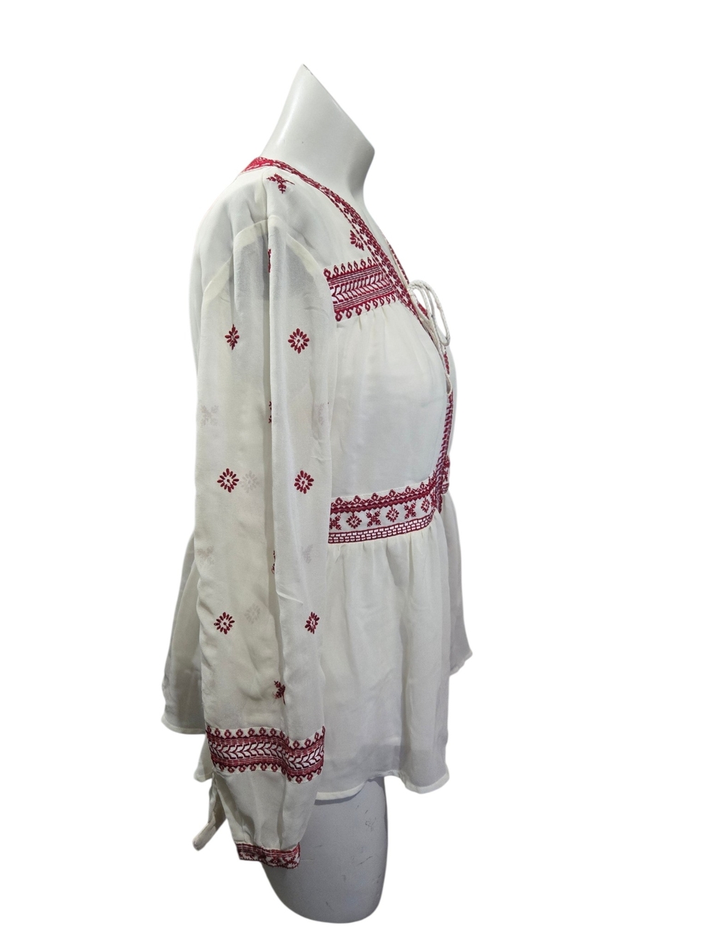 Topshop Embroidered Boho Peasant Blouse Red White Tie Front US 6 - Picture 2 of 7
